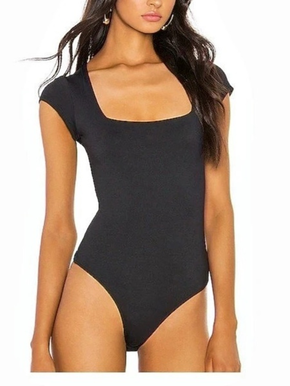 Free People Square Eyes Thong Bodysuit Black Medium